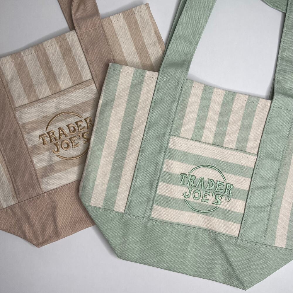 Set of 2 Trader Joe’s Canvas MINI Tote Bag PASTEL STRIPE KHAKI TAN + LIGHT GREEN